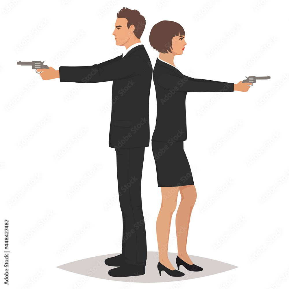 Secret Service Agents Standing Back To Back With Guns, Vector illustration Secret Service Agents Standing Back To Back With Guns, Vector illustration