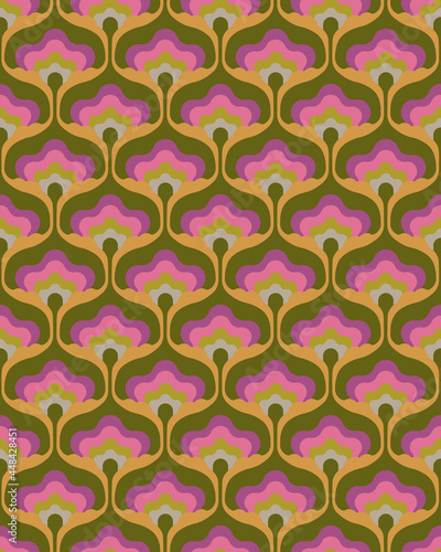 1970s Mod Floral Pattern. Retro 70s 60s Design Green, Pink And Purple Geometric Abstract Flowers. Groovy Mid Century Modern Seamless Patten Repeat.