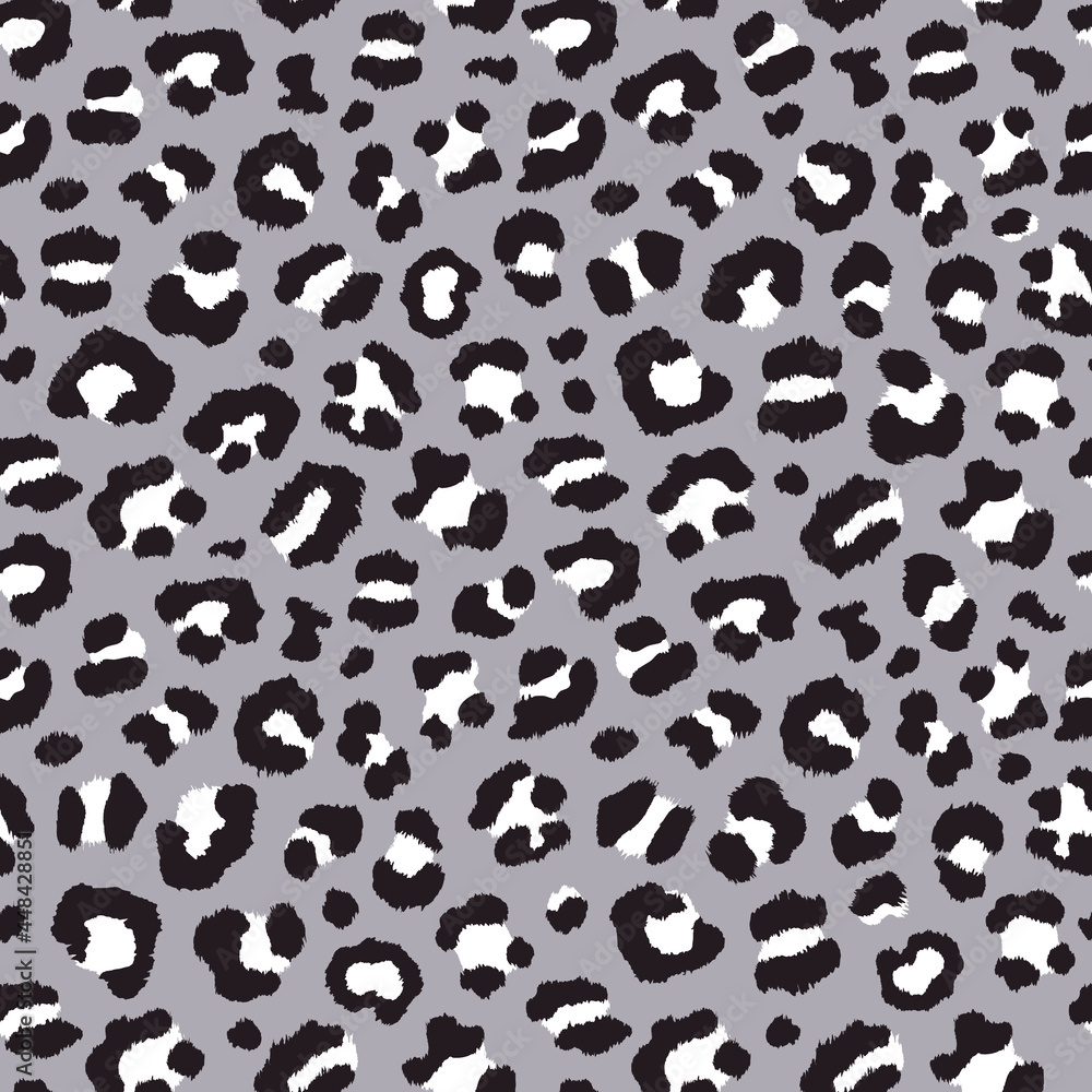 Animal Print With Black And White Spots On Dark Gray Background. Leopard Seamless Vector Patten For Textile, Fashion, Home Décor, Fabric.
