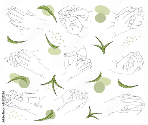 Silhouette Collection of human hands. Palm and leaves aloe in a modern style with one line with plant leaves. Solid sketches of decor, posters, stickers, logo. Set of vector illustrations.