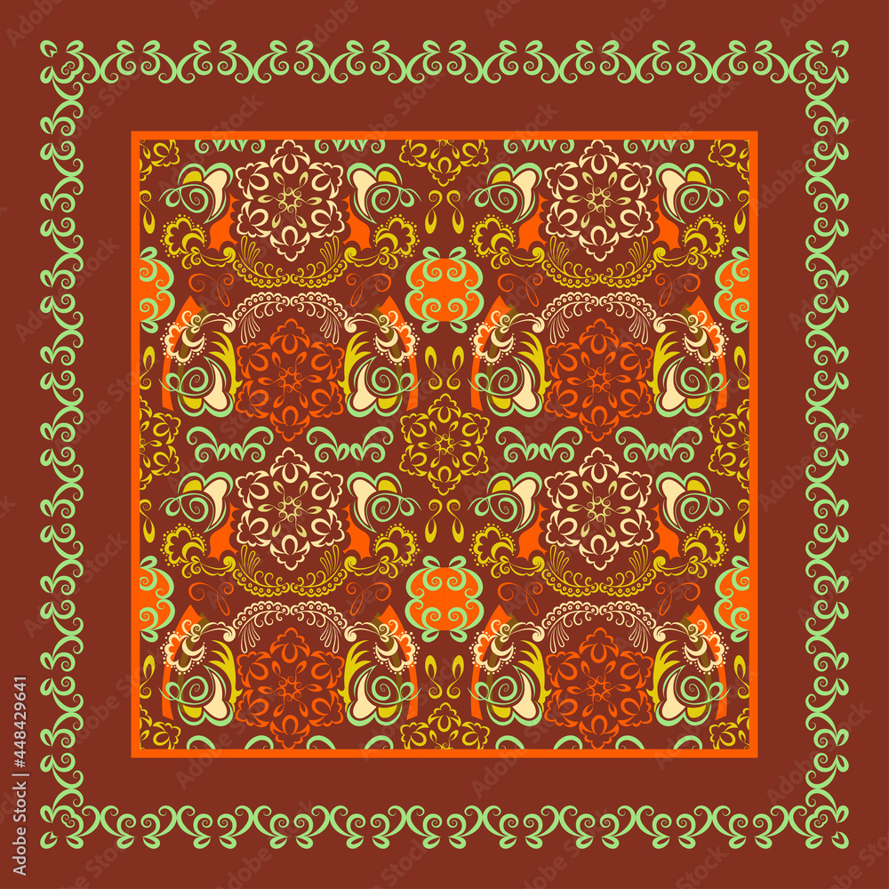 Vector abstract ethnic pattern with ornament from doodle curls of different colors on brown terracotta backdrop for textile design scarf, hijab, tablecloth, tiles, napkins