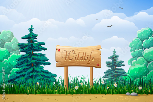 summer sunny day horizontal scene. flower fields, green glade, blue sky, wooden sign in grass and ladybugs. forest banner or nature background vector illustration. countryside cartoon landscape.