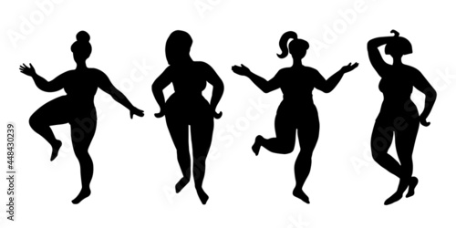 Set of abstract curvy female silhouettes in dynamic poses. Body positivity concept. Hand drawn vector illustration