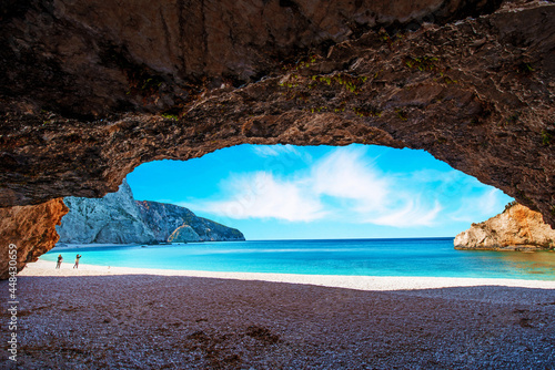Obraz na płótnie Fascinating landscape through the cliffs on the Porto Katsiki Beach on the island of Lefkada, Greece. View from the cave. Amazing places. Tourist Attractions. w salonie