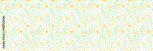 Vector, child-friendly, seamless doodle-style floral pattern with flowers and leaves. Delicate spring, summer, floral background