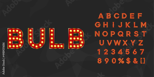Red illuminated bulb text. Vintage typography for theater or showtime movie design.