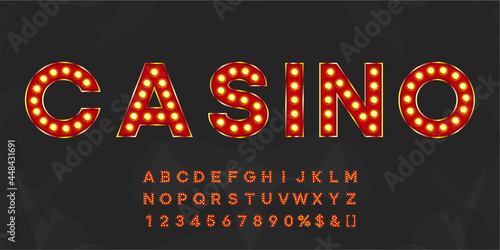 Red shining marquee alphabet with numbers and warm light. Vintage illuminated letters for text logo or sale banner
