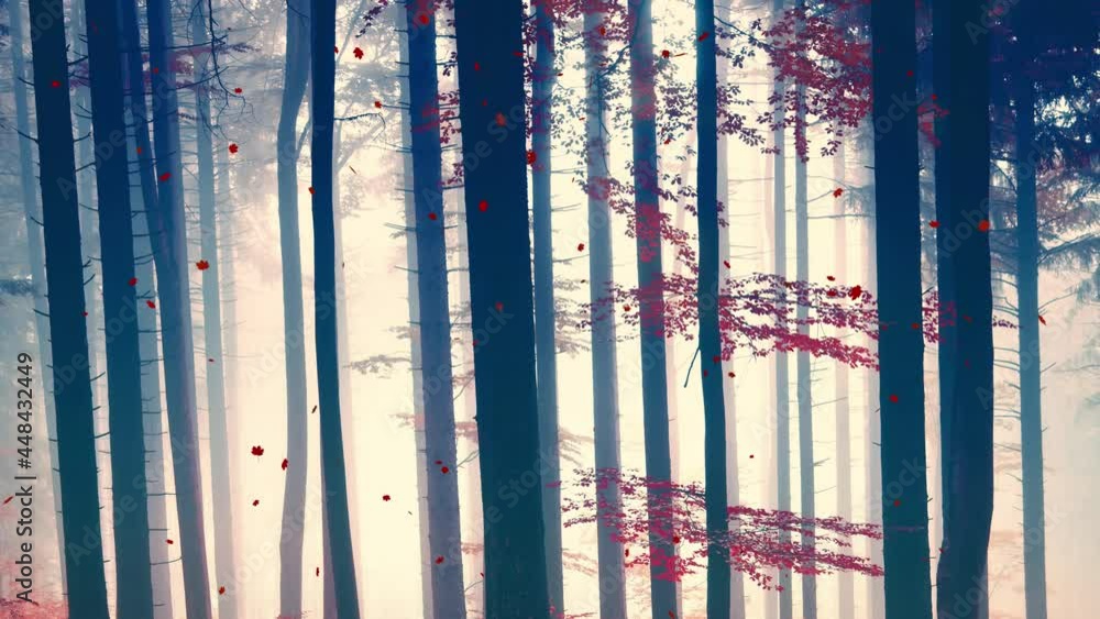 Beautiful red foggy woods with falling autumn fall season leaves. Beautiful red foggy woods with falling autumn fall season leaves.