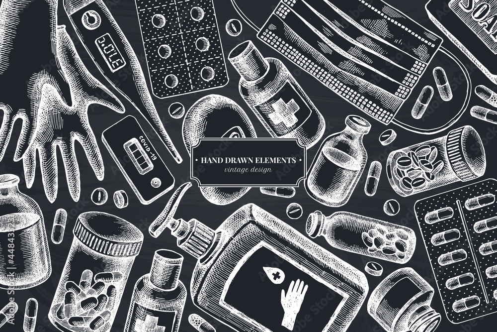 Monochrome design with chalk pills and medicines, medical face mask, sanitizer bottles, medical thermometer, coronavirus rapid test, soap, medical gloves Monochrome design with chalk pills and medicines, medical face mask, sanitizer bottles, medical thermometer, coronavirus rapid test, soap, medical gloves