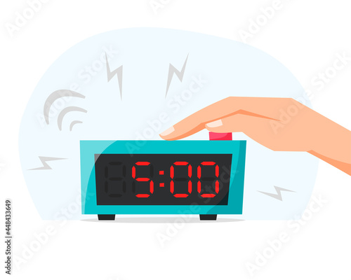 Early morning and waking up early concept. Turn off ringing alarm clock, pressing button on electronic clock. Flat style vector