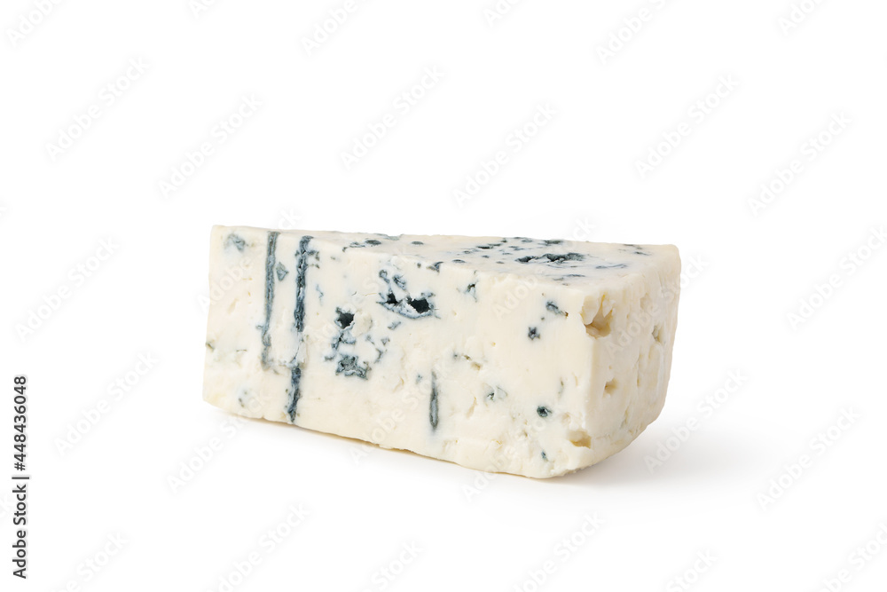 Cheese with blue mold on a white background. A piece of Roquefort, Dor Blue. Isolated