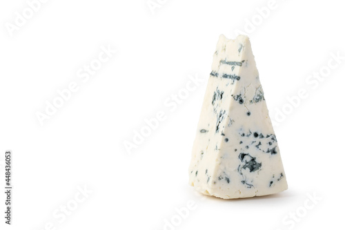 Cheese with blue mold on a white background. A piece of Roquefort, Dor Blue. Isolated