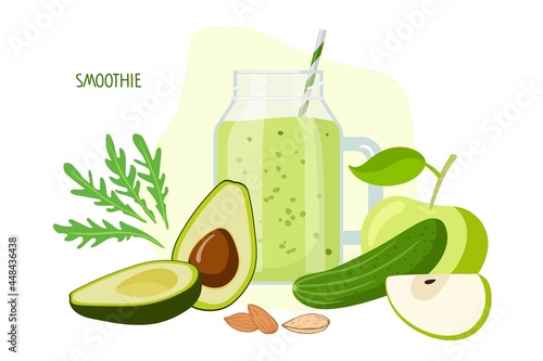 Avocado, apple, cucumber smoothie. Vegetables and fruit, Glass smoothie mug with green liquid. Food and drinks isolated. For menu for healthy eating. Fresh energetic drink. Green smoothie recipe.