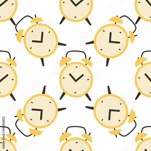 Super cute seamless pattern with yellow clock illustration. texture about the time with alarm clocks.