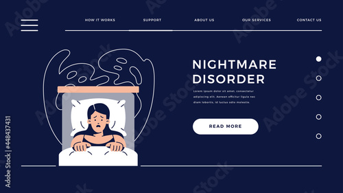 Nightmare disorder web template. Scared woman is waking up from a nightmare and lying in bed and being afraid of ghost. Sleeping disorder, insomnia, bad dream for homepage.Flat vector illustration