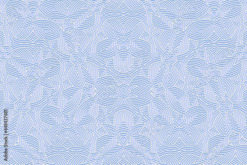 Geometric volumetric convex 3D blue pattern for wallpaper, websites, textiles. Embossed unique background in traditional oriental, Indian style. Texture with ethnic ornament.