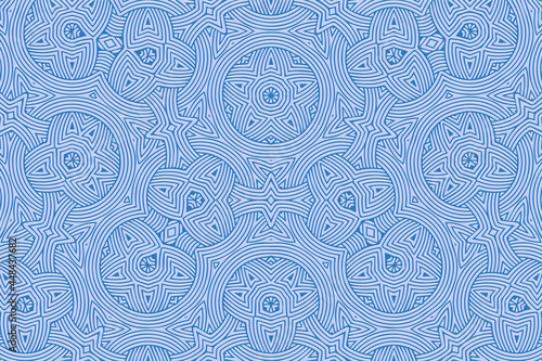 Geometric volumetric convex 3D blue pattern for wallpaper, websites, textiles. Embossed beautiful background in traditional oriental, Indian style. Texture with ethnic ornament.