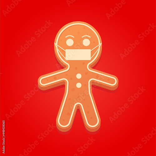 Christmas Gingerbread Man in a medical mask on red background. New Year sweet cookie during the coronavirus pandemic