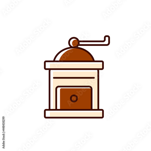Manual coffee grinder flat icon. Professional technology for beans processing. Isolated vector stock illustration