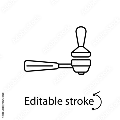 Coffee tamper into portafilter outline icon. Customizable linear symbol. Editable stroke. Isolated vector illustration