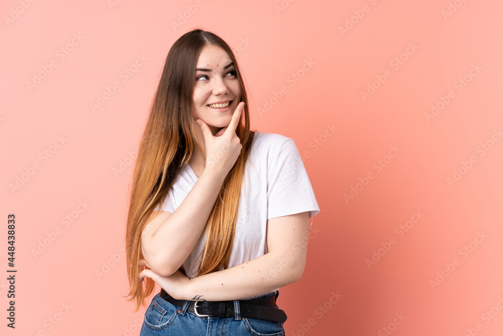 Young caucasian woman isolated on pink background smiling Young caucasian woman isolated on pink background smiling