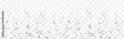 Bubbles underwater texture isolated on transparent background. Vector fizzy air, gas or oxygen under water seamless border. Realistic champagne drink, soda effect template