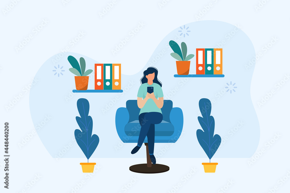 Young girls using phone, sitting legs crossed on chair at home. work from home. Vector illustration in flat style. Young girls using phone, sitting legs crossed on chair at home. work from home. Vector illustration in flat style.