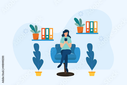 Young girls using phone, sitting legs crossed on chair at home. work from home. Vector illustration in flat style.