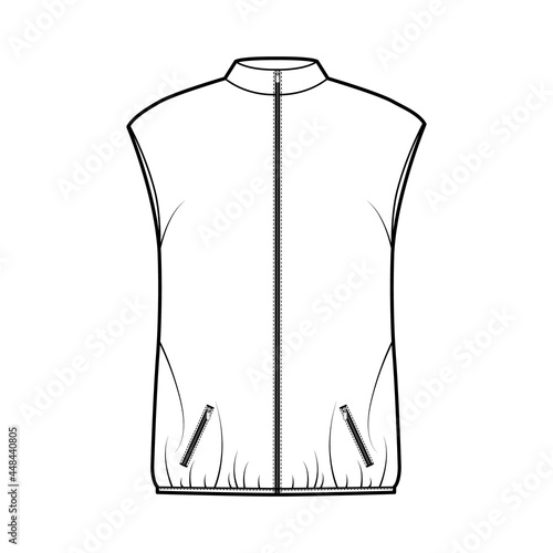 Down vest puffer waistcoat technical fashion illustration with sleeveless, stand collar, zip-up closure, oversized, hip length. Flat template front, white color style. Women, men unisex top CAD mockup