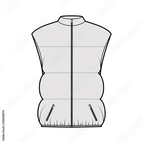 Down vest puffer waistcoat technical fashion illustration with sleeveless, stand collar, pockets, oversized, hip length, wide quilting. Flat template front, grey color. Women, unisex top CAD mockup
