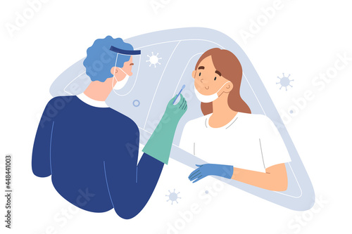 Drive-thru covid-19 check, woman sitting in her car getting PCR test for coronavirus, medical worker collecting covid specimen with nasal swab through vehicle window, vector cartoon illustration