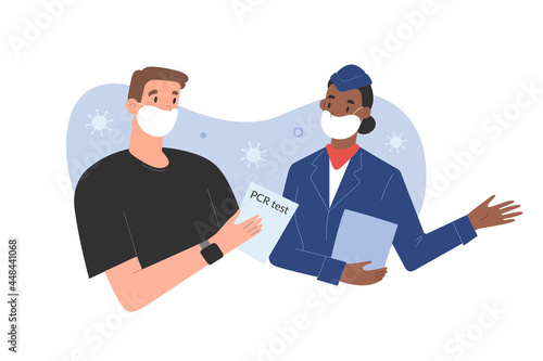Young man passing border with negative PCR test result for covid-19, showing his certificate to stewardess at airport, wearing protective mask, vector cartoon illustration