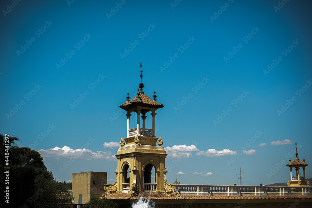 Fototapeta premium Barcelona in the afternoon, a beautiful view of the city on a sunny day from Montjuïc mountain. Montjuic Castle or Castell de Montjuic or Castillo de Montjuich
