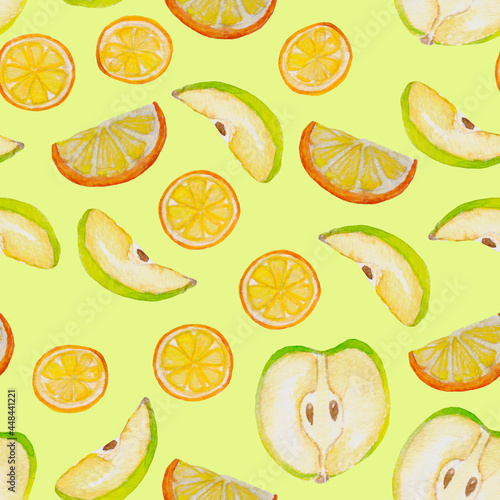 Watercolor hand drawn tea set pattern  apples  oranges  fruit slices  light yellow background