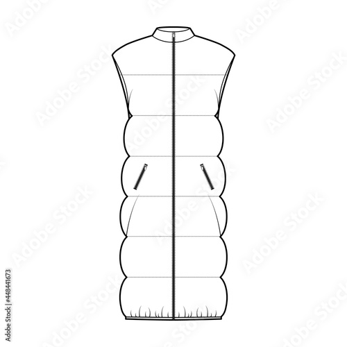 Down vest puffer waistcoat technical fashion illustration with sleeveless, stand collar, pockets, oversized, knee length, wide quilting. Flat template front, white color style. Women, unisex top CAD