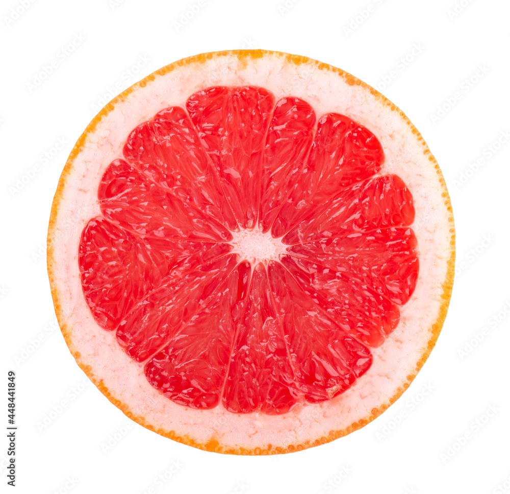 Grapefruit piece isolated on white background. Fresh fruit. With clipping path. Grapefruit slice. Top view.