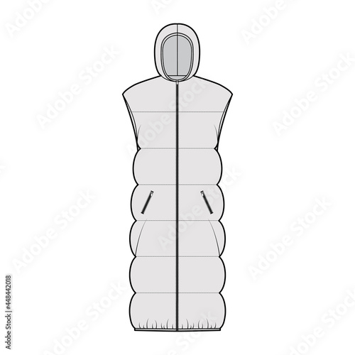 Down vest puffer waistcoat technical fashion illustration with sleeveless, hoody collar, zip-up closure, knee length, wide quilting. Flat template front, grey color style. Women, men, top CAD mockup