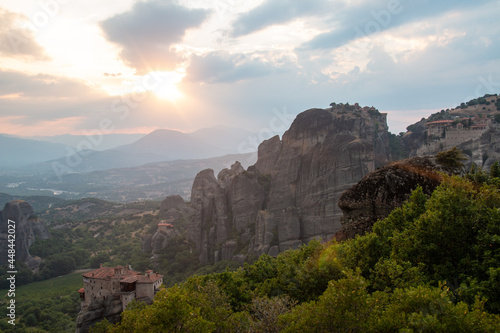 Monasteries built on cliffs, Meteora at sunset, Greece