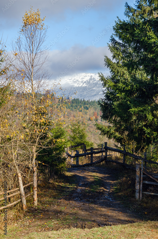 Late autumn mountain morning scene with snow covered tops in far and foggy clouds in valleys. Picturesque traveling, seasonal, nature and countryside beauty concept scene. Carpathians, Ukraine. Late autumn mountain morning scene with snow covered tops in far and foggy clouds in valleys. Picturesque traveling, seasonal, nature and countryside beauty concept scene. Carpathians, Ukraine.