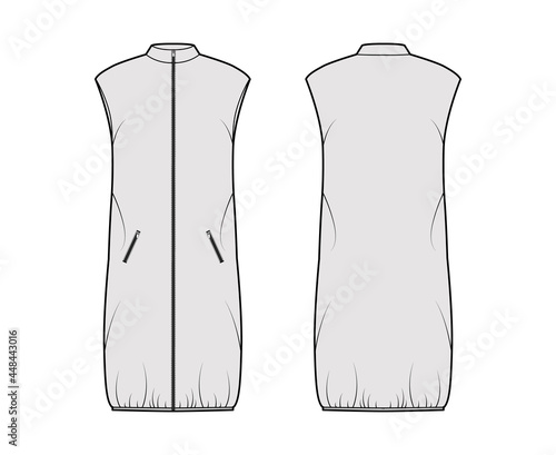 Down vest puffer waistcoat technical fashion illustration with stand collar, zip-up closure, pockets, loose fit, knee length. Flat template front, back, grey color style. Women, unisex top CAD mockup