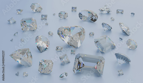 Fototapeta Naklejka Na Ścianę i Meble -  3d render shining diamonds glass gemstones blue background