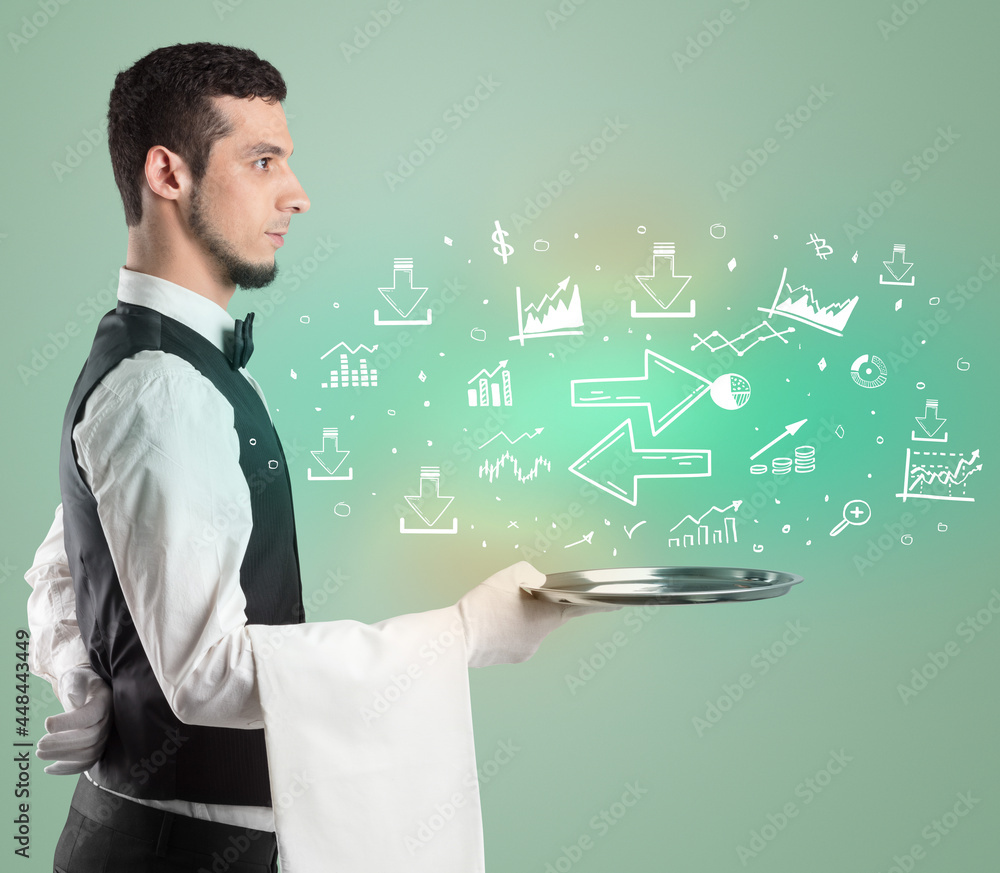 Handsome young waiter in tuxedo holding money icons on tray Handsome young waiter in tuxedo holding money icons on tray