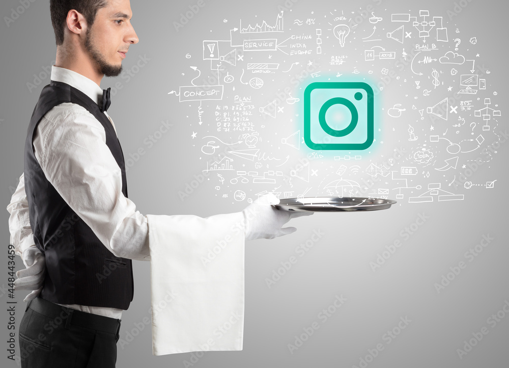 Close-up of waiter serving social media icons Close-up of waiter serving social media icons