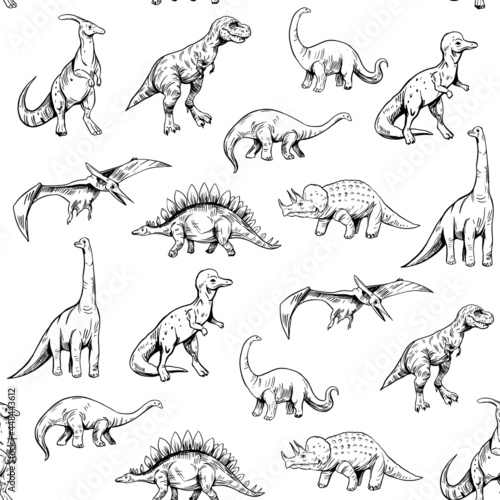Seamless pattern. Set of dinosaurs isolated on white background,vector sketch illustration. Vintage style