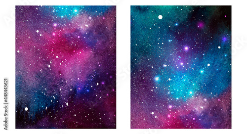 Vector cosmic illustration. Beautiful colorful space background. Watercolor Cosmos