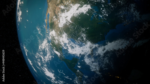 Earth in Space. Photorealistic 3D Render of the World, with views of USA and North America. Climate Concept. photo