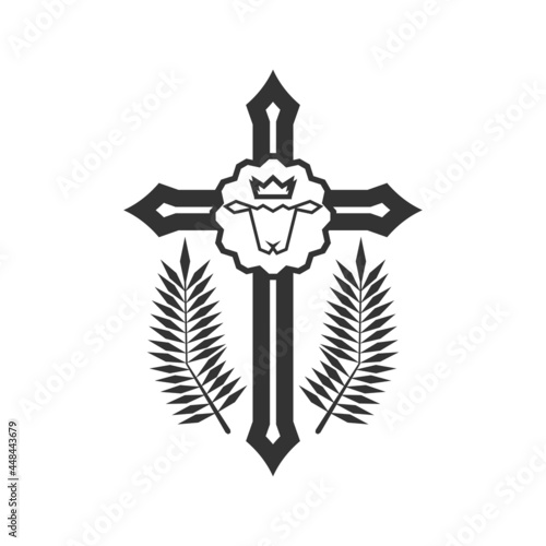 Christian illustration. Church logo. Lamb of God who shed blood for the sins of people on the cross.