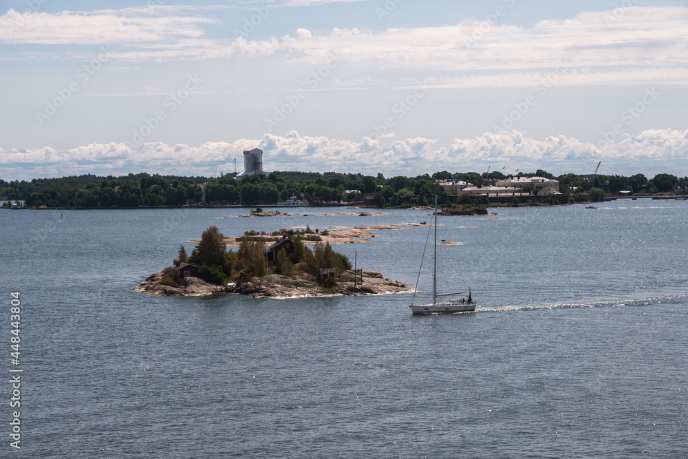 View of the Helsinki harbour, marina bay in the background, and Sveaborg island, view from top of a cruise ship