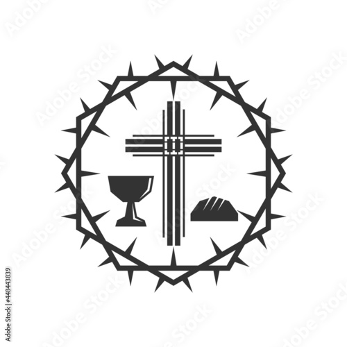 Christian illustration. Church logo. The cross of Jesus Christ, the chalice of the sacrament and the bread, framed with a crown of thorns.