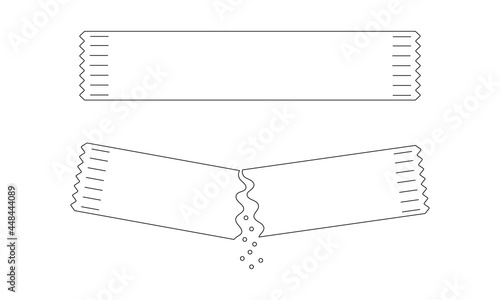 Outline sachets with sugar, salt or pepper. Whole and poured packets with soluble culinary powder. Editable stroke. Thin line icons. Vector linear illustration. 